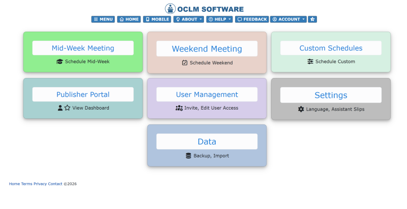 OCLM Scheduler main menu with Mid-Week Meeting, Weekend Meeting, Custom Schedules, Publisher Portal, User Management, Settings and Data tiles for Jehovah's Witnesses congregations