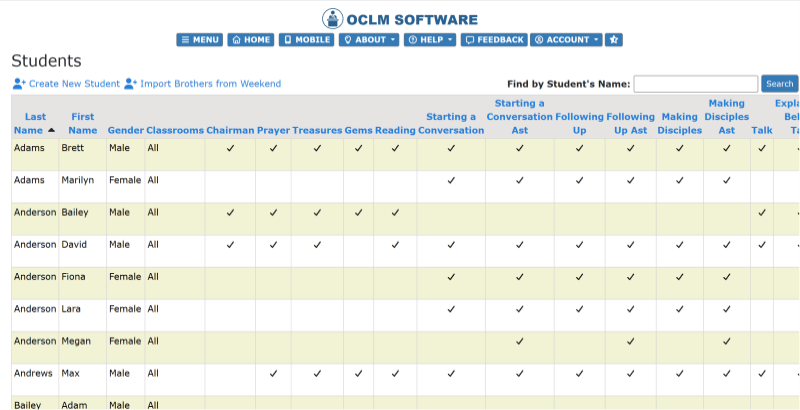 OCLM Students list showing publisher names and assignment history for Life and Ministry midweek meeting parts