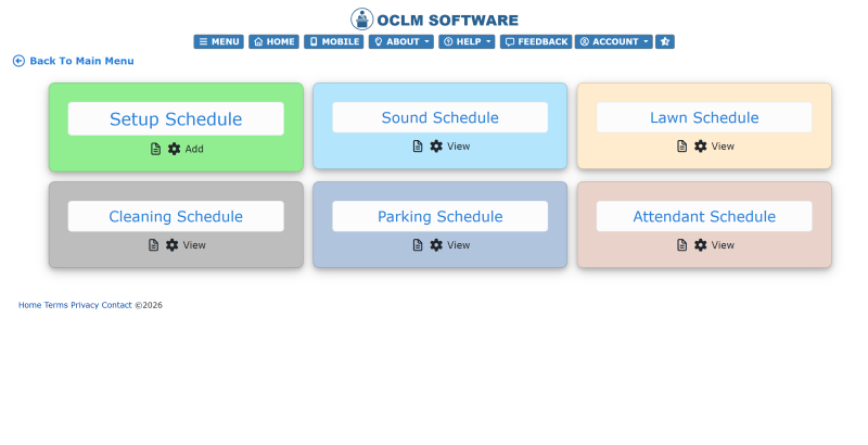OCLM Custom Schedule menu with configurable options for congregation duties and custom theocratic schedules