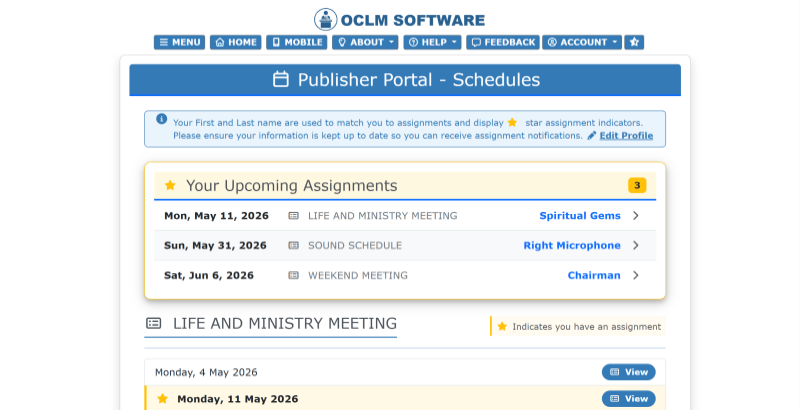 OCLM Publisher Portal showing a congregation member's personal meeting assignments and upcoming scheduled duties
