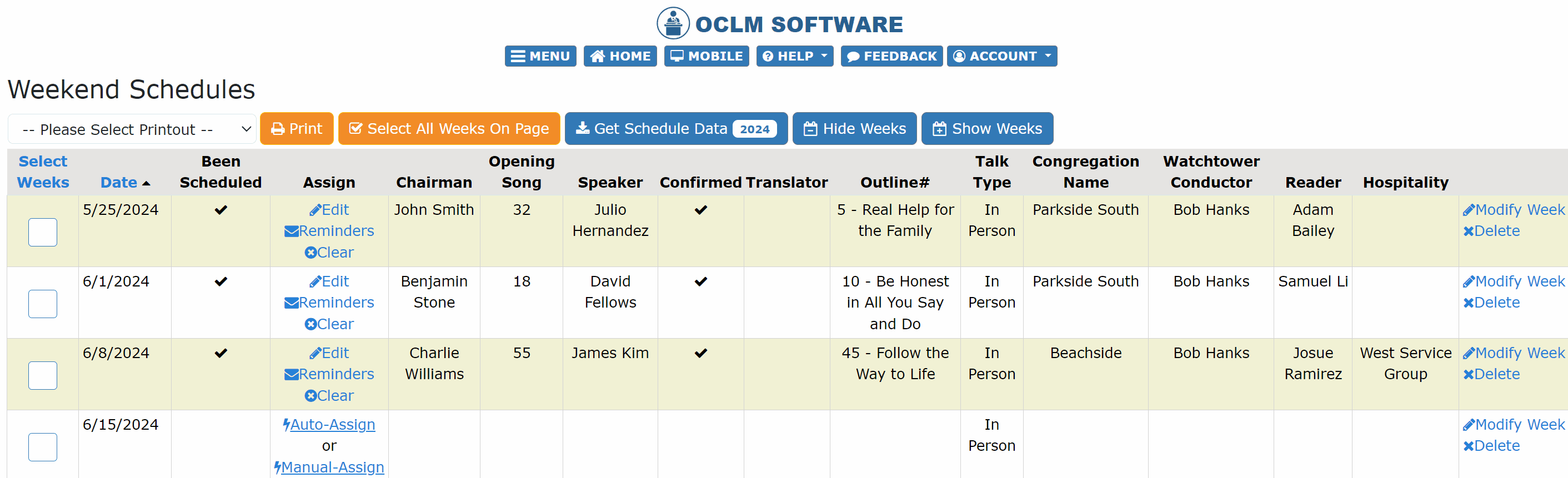 Weekend Schedules Page